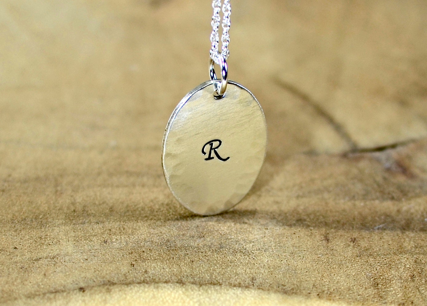 Personalized Sterling Silver Oval Charm Necklace with Initial and Hammered Finish
