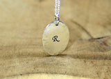 Sterling silver personalized initial stamped oval necklace with rustic hammered border, NiciArt 