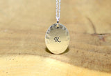 Sterling silver personalized initial stamped oval necklace with rustic hammered border, NiciArt 