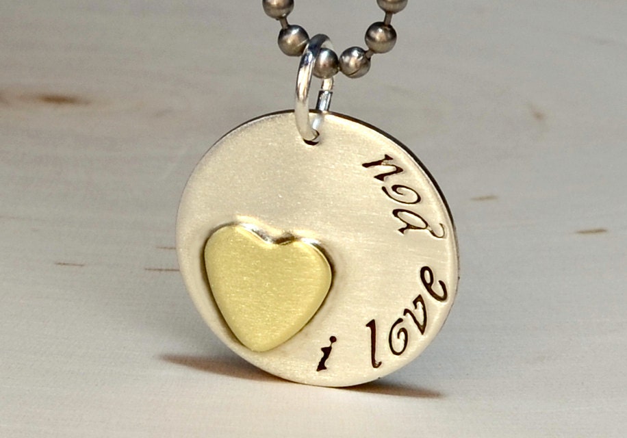 Love You on Sterling Silver Disc Charm with Brass Heart