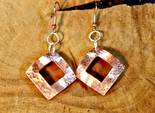 Hammered Copper Dangle Earrings Handmade with Square Window and Dapped Shape