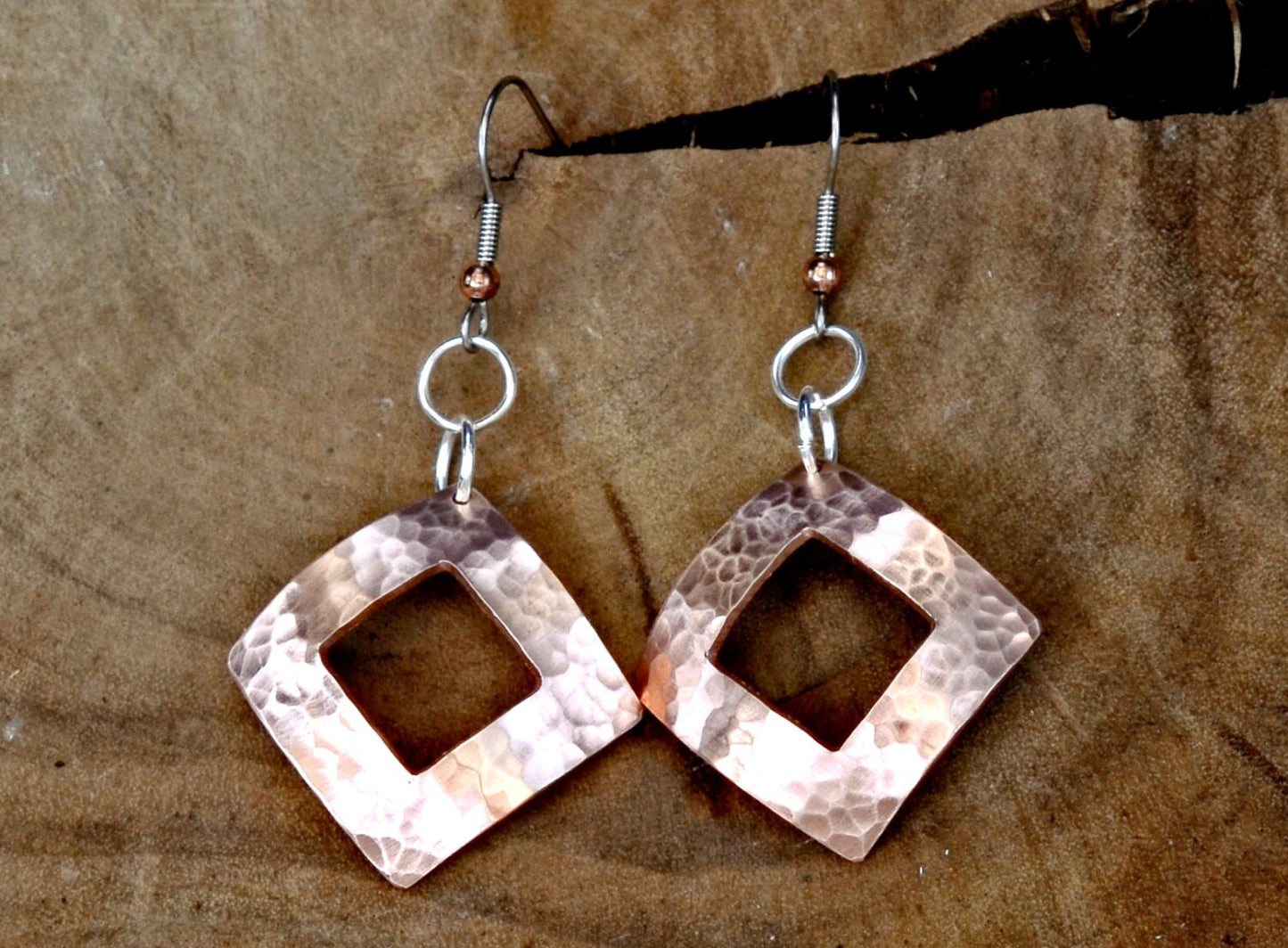 Hammered Copper Dangle Earrings Handmade with Square Window and Dapped Shape