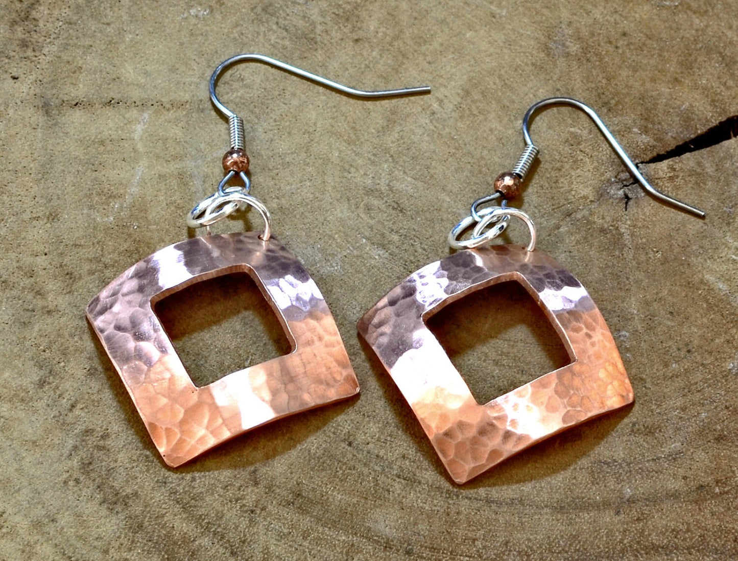 Hammered Copper Dangle Earrings Handmade with Square Window and Dapped Shape