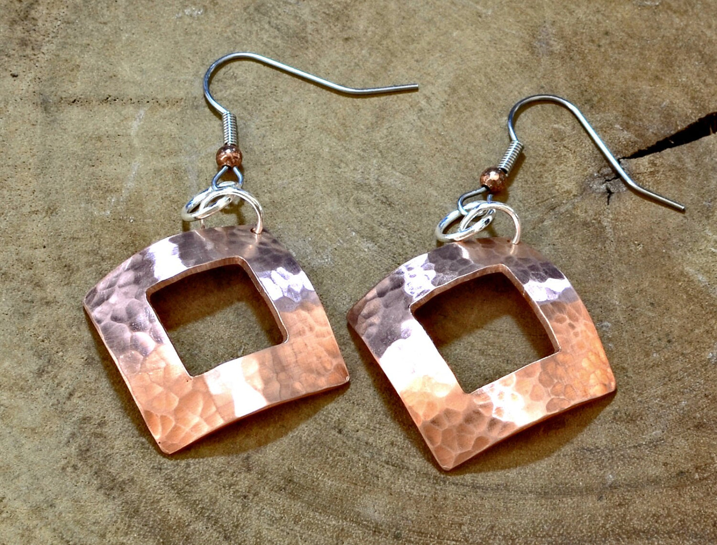 Hammered Copper Dangle Earrings Handmade with Square Window and Dapped Shape
