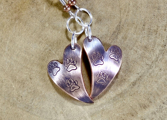 Heart Shaped Copper Dangle Earrings with Paw Design and Patina on Copper