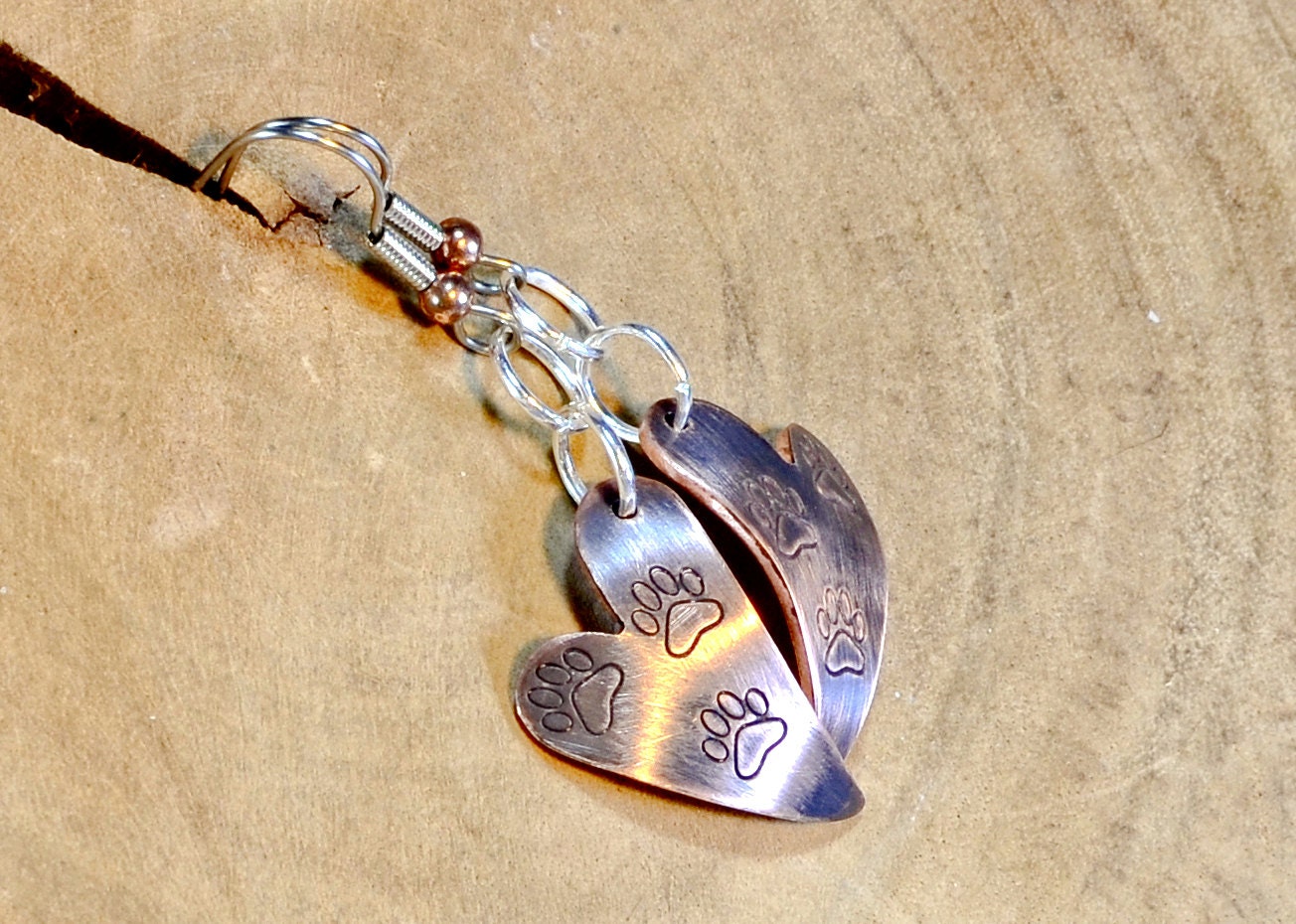 Heart Shaped Copper Dangle Earrings with Paw Design and Patina on Copper