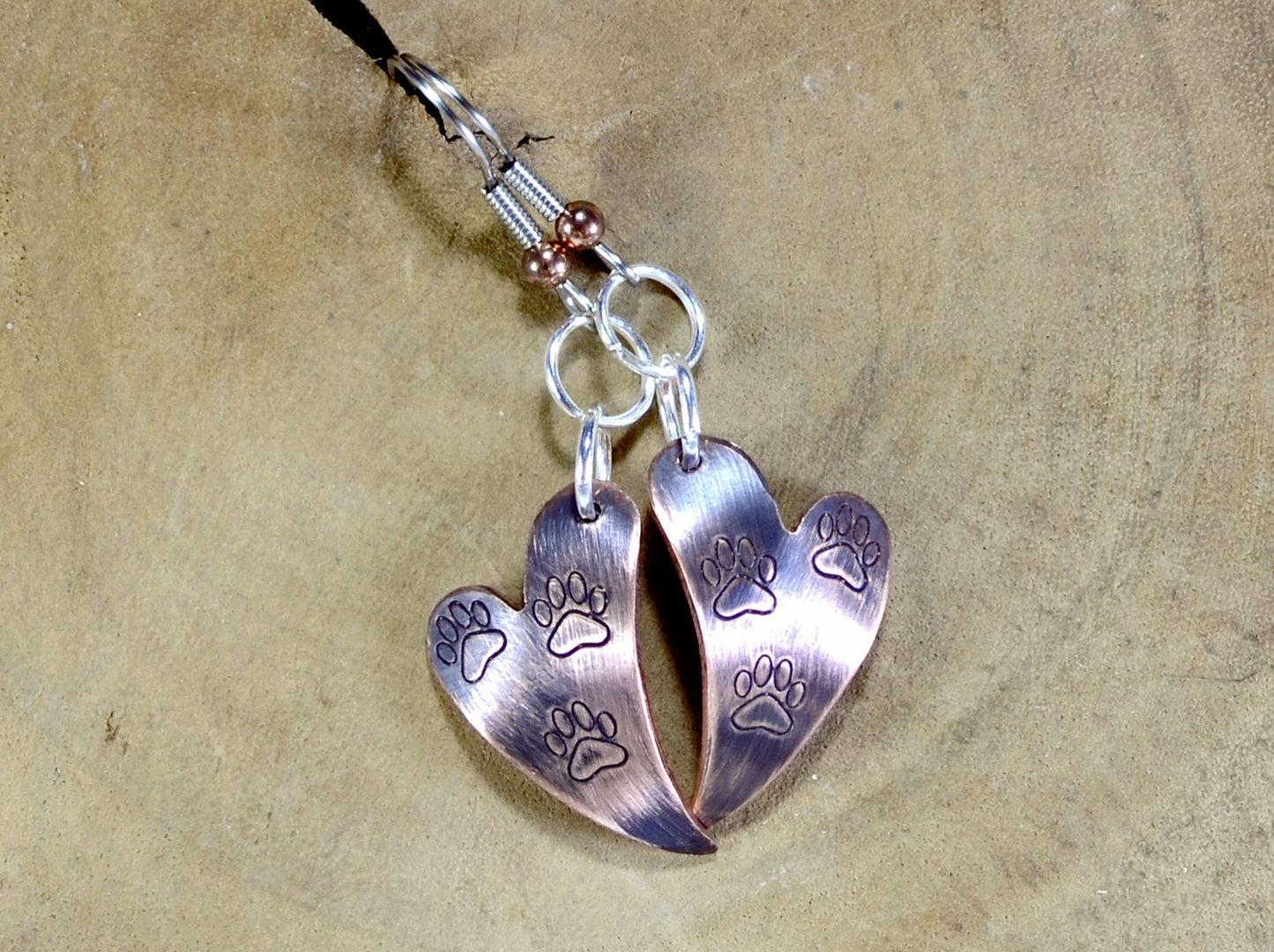 Heart Dangle Copper Earrings with Paws and a Purple Patina