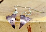 Copper Heart Shaped Dangle Earrings with Paw Prints and Iridescent Purple Patina, NiciArt 