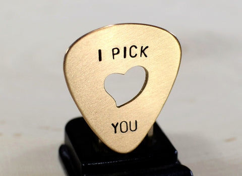 Guitar pick I pick you with signature heart cut out in bronze, NiciArt 