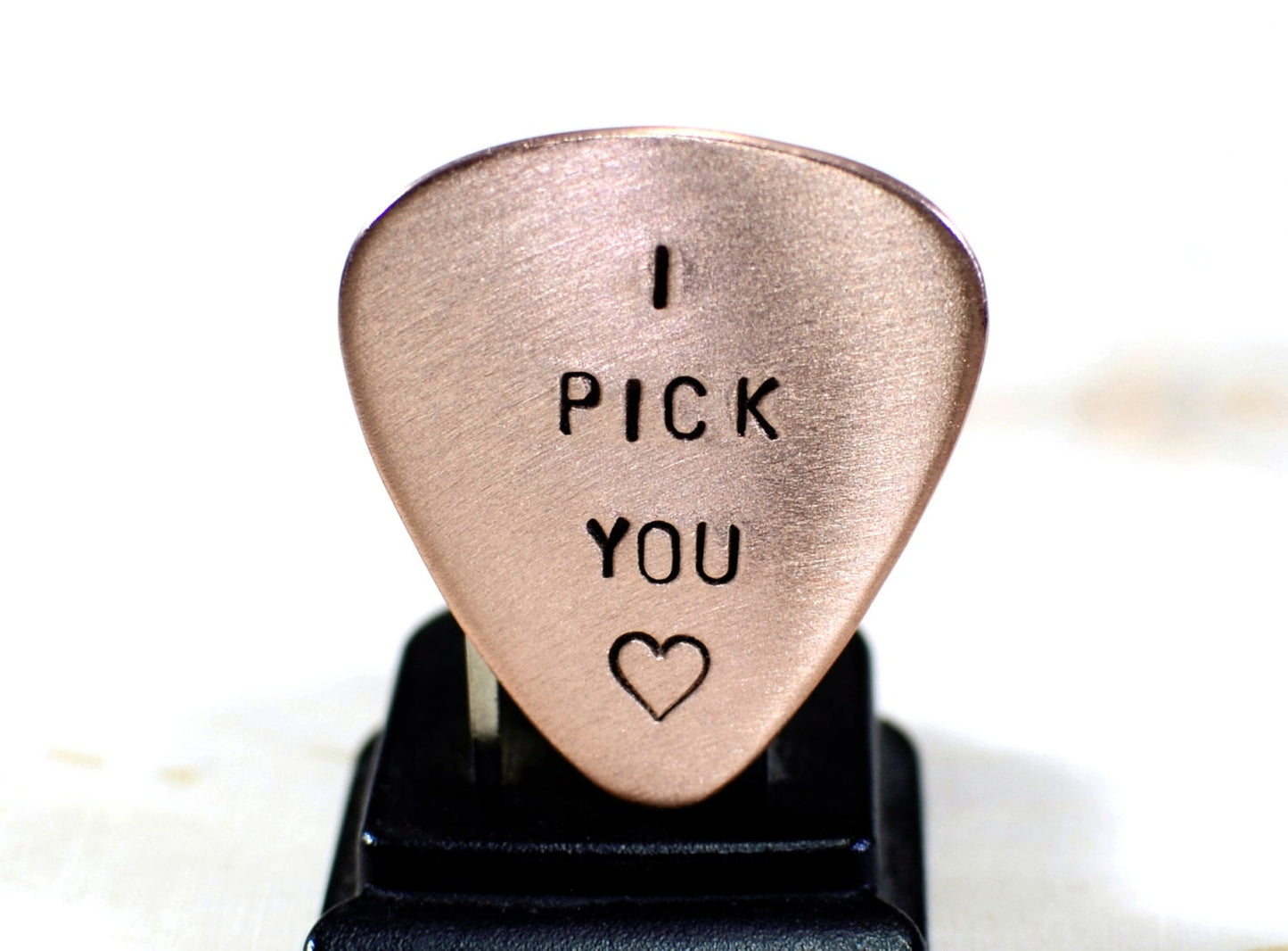Copper Guitar Pick stamped with I Pick You and Heart Design