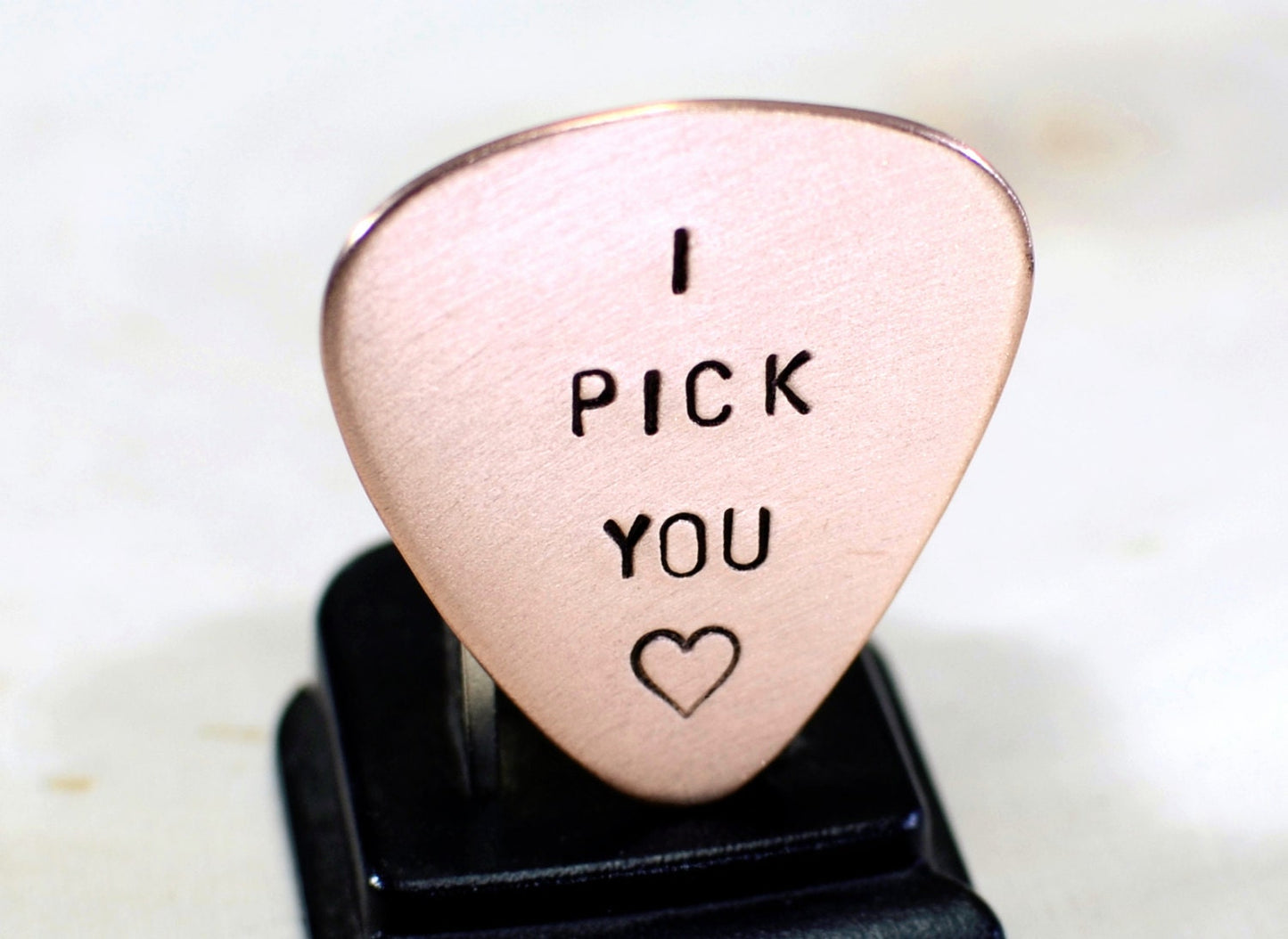 Copper Guitar Pick stamped with I Pick You and Heart Design