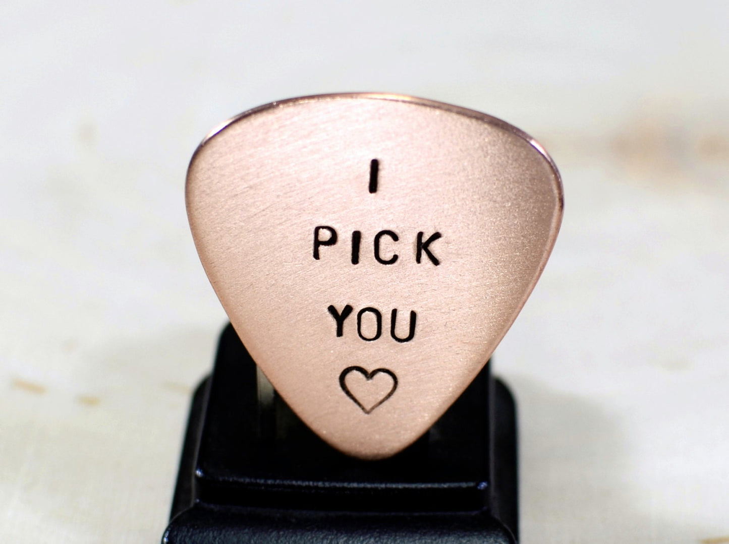 Copper Guitar Pick stamped with I Pick You and Heart Design