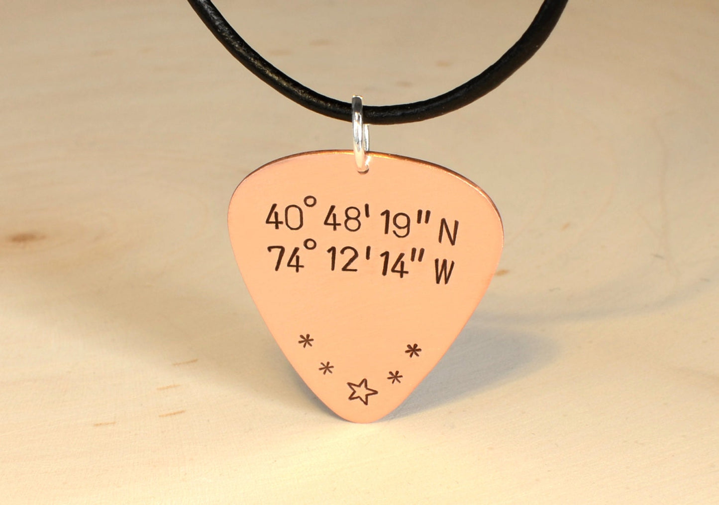 Personalized Latitude Longitude Coordinates on Guitar Pick Necklace in Copper