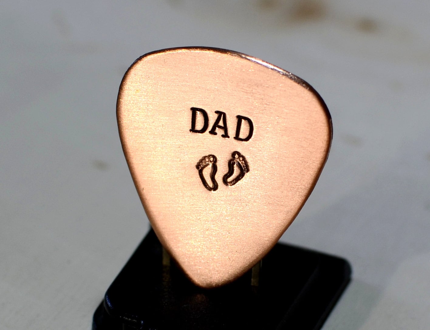 Copper Guitar Pick for a Dad or Fathers Day with Baby Feet