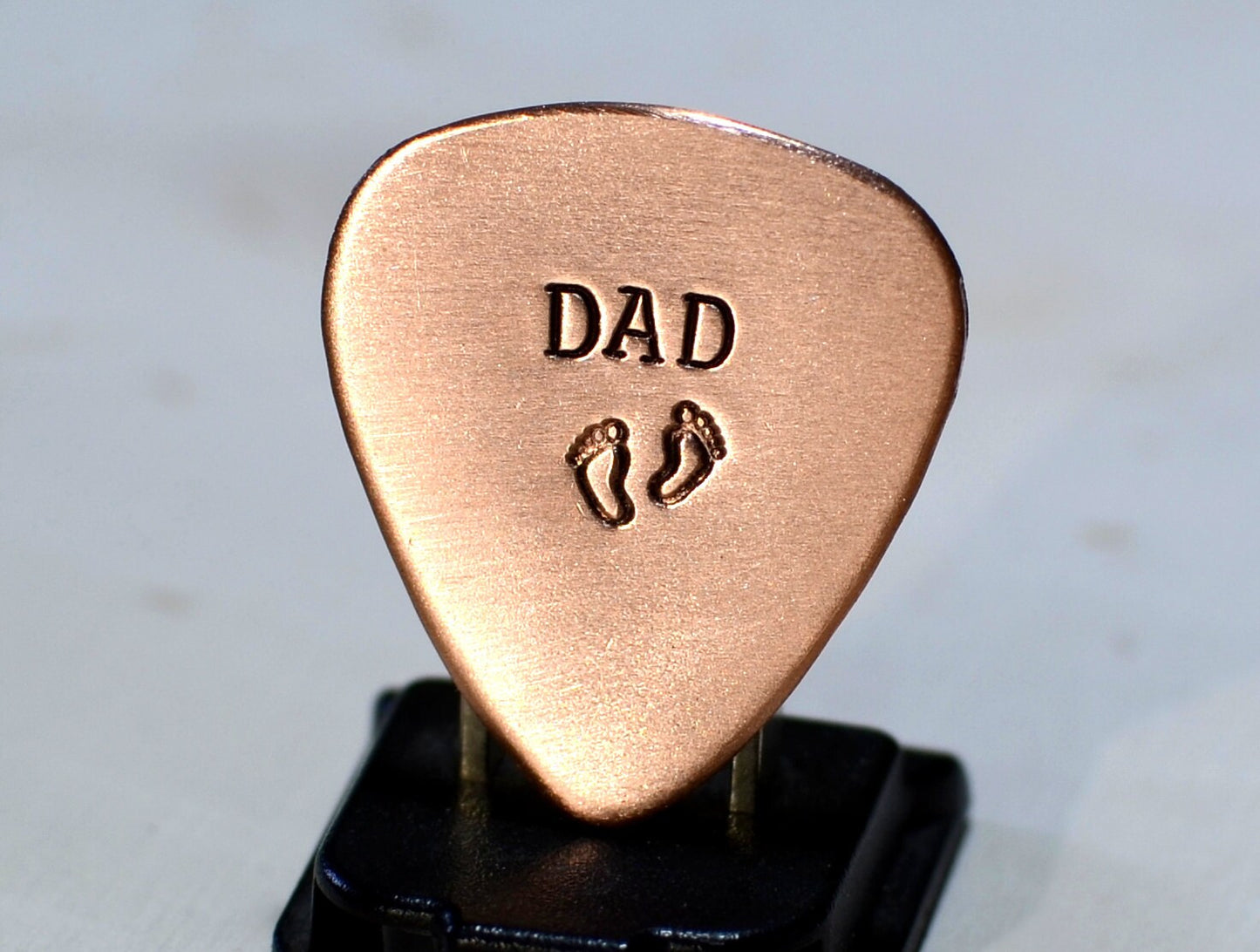 Copper Guitar Pick for a Dad or Fathers Day with Baby Feet