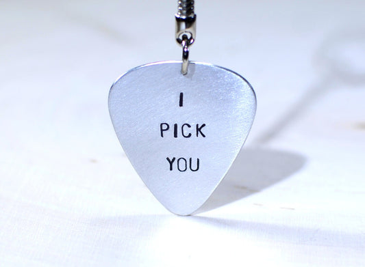 Sterling silver guitar pick key chain with I pick you