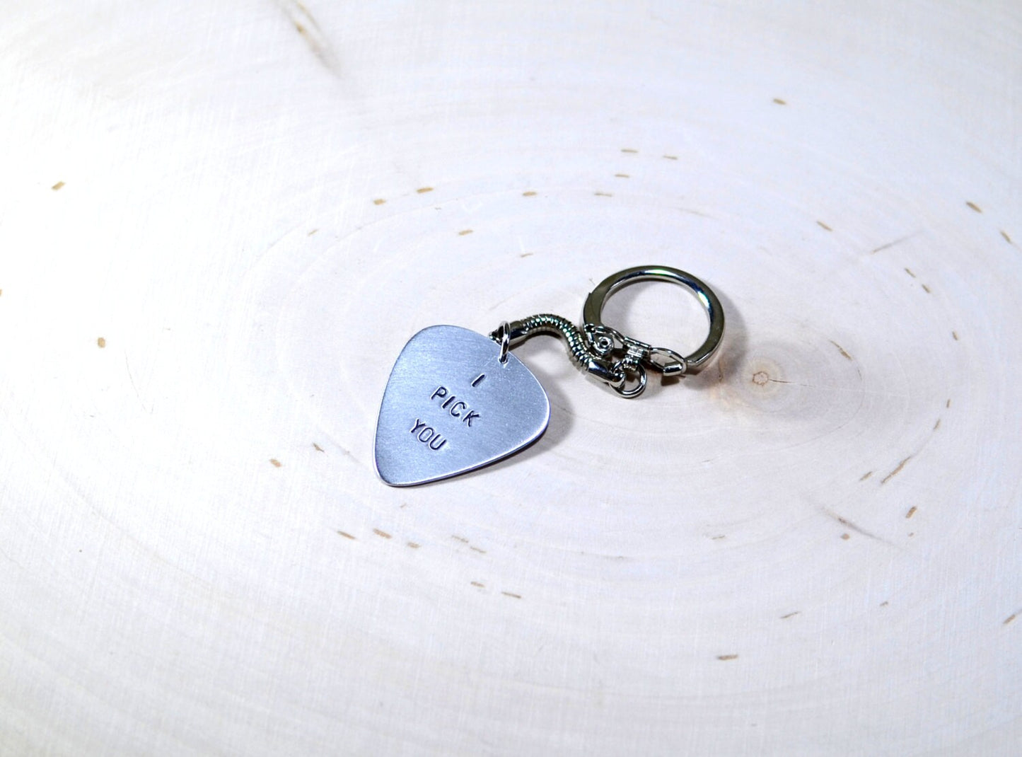 Sterling silver guitar pick key chain with I pick you