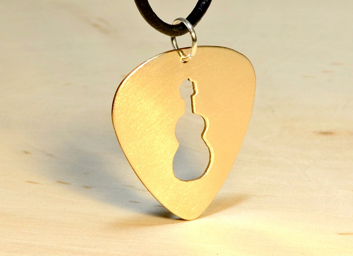 14 K solid yellow gold Guitar Pick Necklace with Handsawed Guitar Cut Out and Space to Personalize