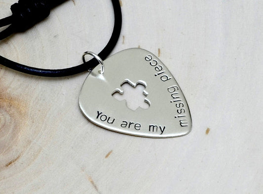 Sterling Silver Guitar Pick Necklace with Puzzle Piece and stamped You are my Missing Piece