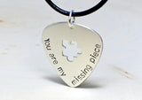 You are my missing piece sterling silver guitar pick necklace with a puzzle cut out, NiciArt 