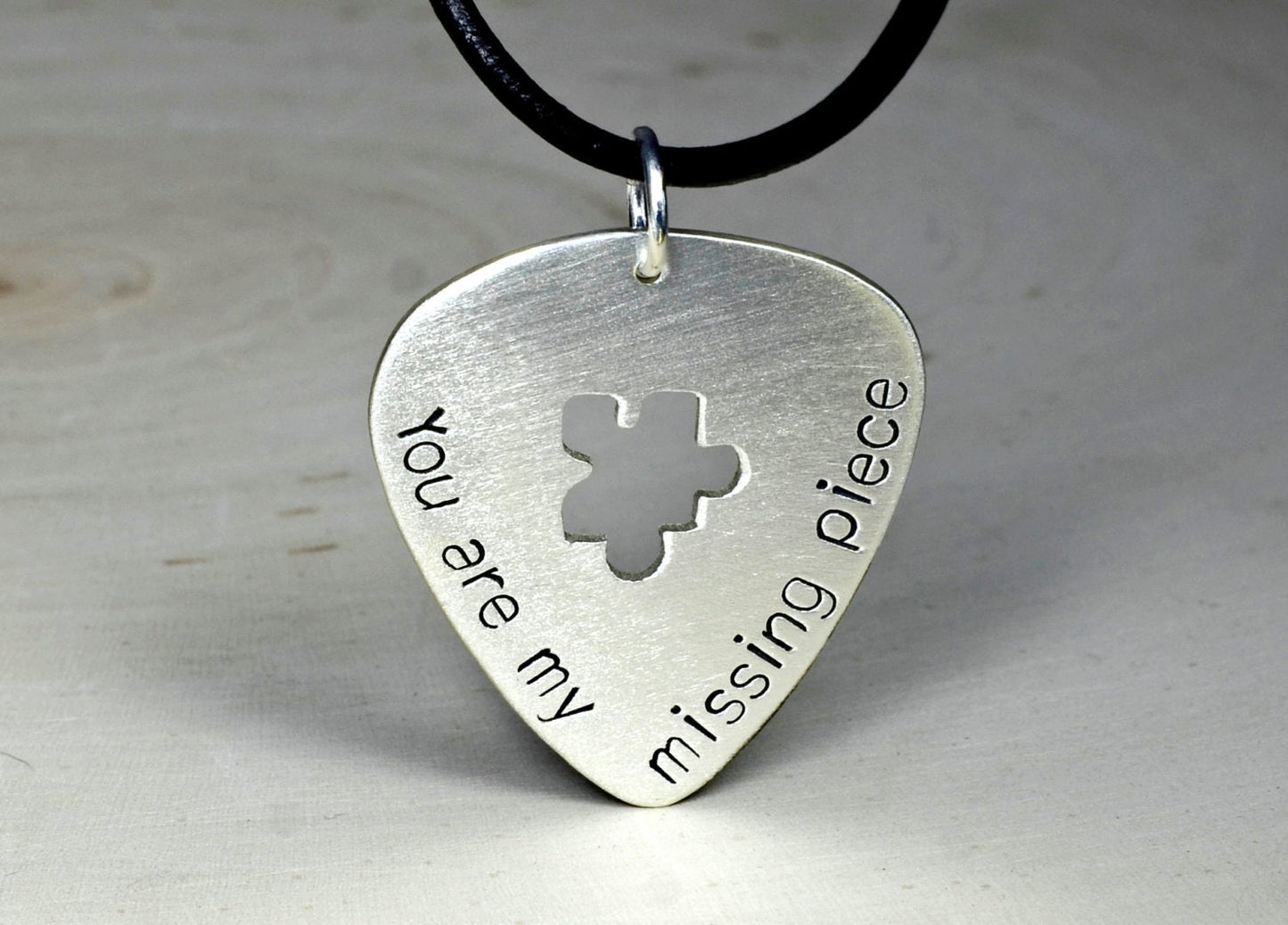 Sterling Silver Guitar Pick Necklace with Puzzle Piece and stamped You are my Missing Piece