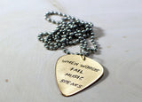 Bronze guitar pick pendant handmade with When words fail music speaks, NiciArt 