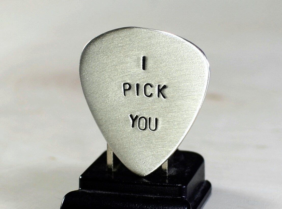 Sterling silver guitar pick with I pick you