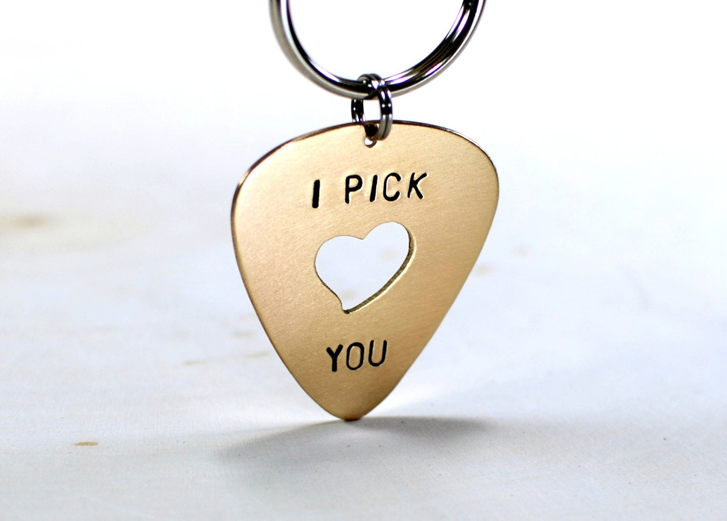 Guitar Pick Key Chain I Pick You with Heart Cut Out in bronze