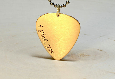 Golden Bronze Guitar Pick Necklace with I Pick You, NiciArt 