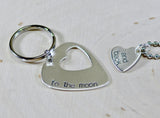 Couples sterling silver guitar pick keychain with matching heart necklace, NiciArt 