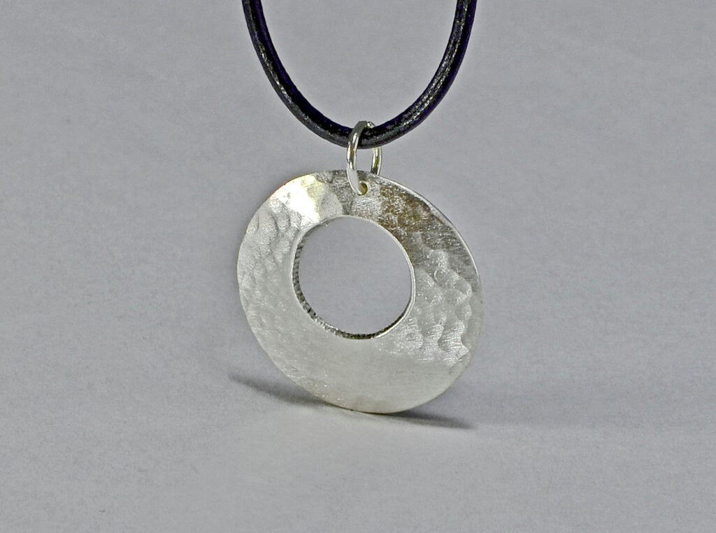 Sterling Silver Disc Necklace Handmade with Cutout and Hammered Patterning
