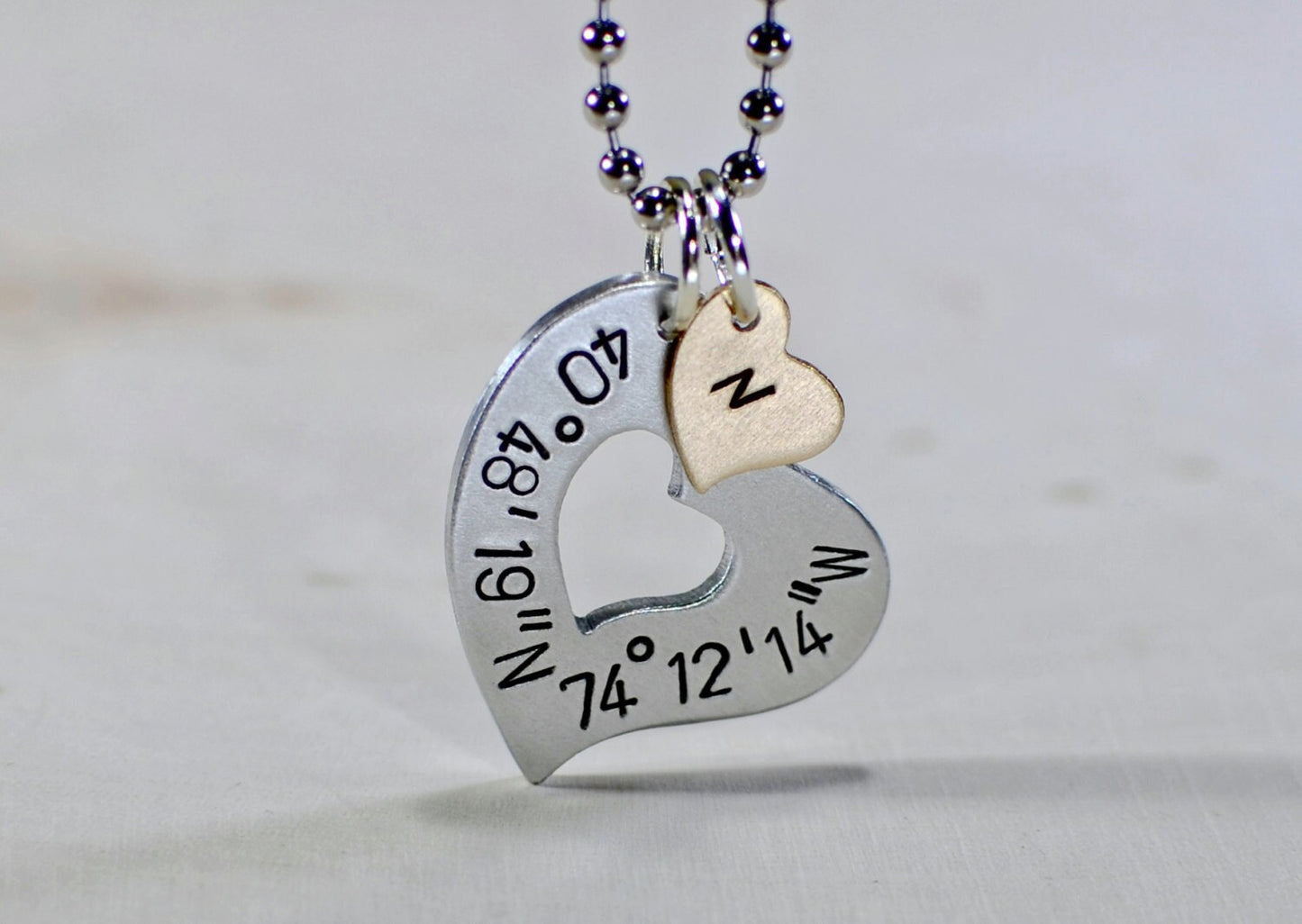 Latitude longitude sterling silver heart with your coordinates and personalized solid 14k gold heart charm