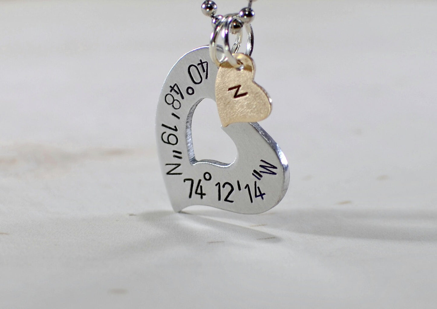 Latitude longitude sterling silver heart with your coordinates and personalized solid 14k gold heart charm