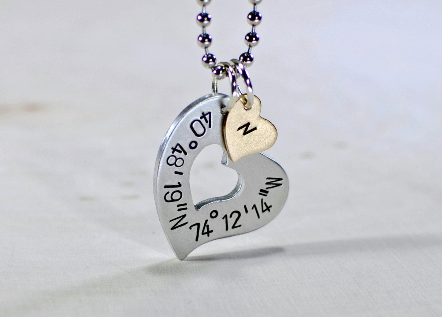 Latitude longitude sterling silver heart with your coordinates and personalized solid 14k gold heart charm