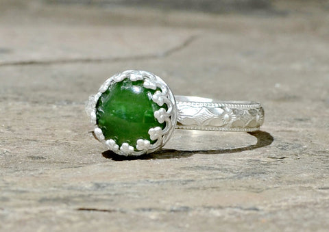 Green Jade Gemstone Sterling Silver Ring with Geometrical Band, NiciArt 