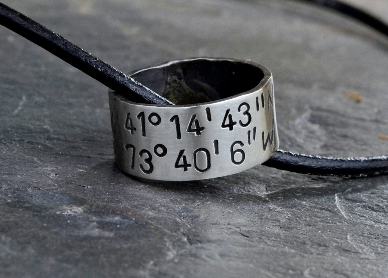 Personalized Latitude Longitude Sterling Silver Ring Necklace