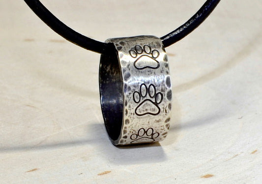 Hammered sterling silver paw ring necklace with rustic dark patina