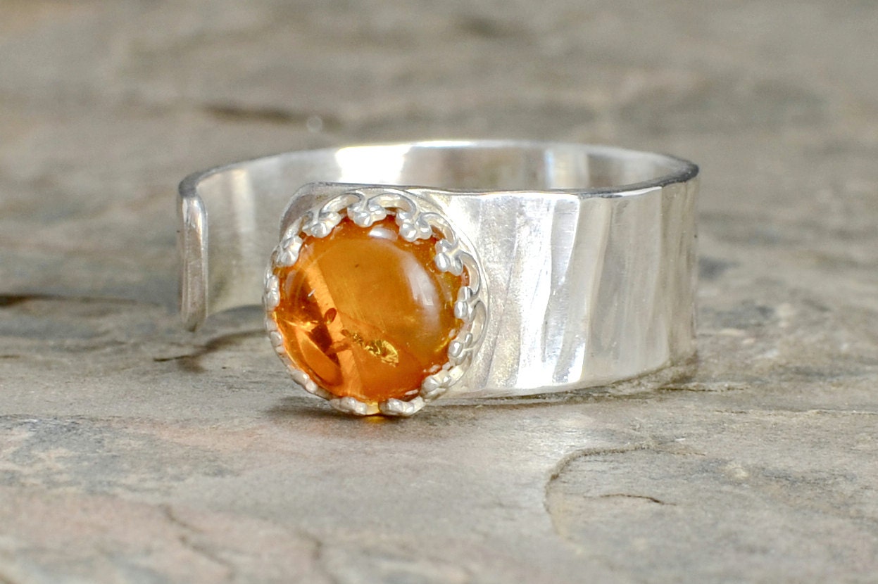 Sterling Silver Ring with Citrine Stone and Handcrafted Hammered Band
