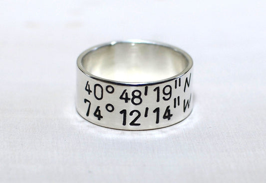 Personalized latitude longitude coordinates ring in sterling silver