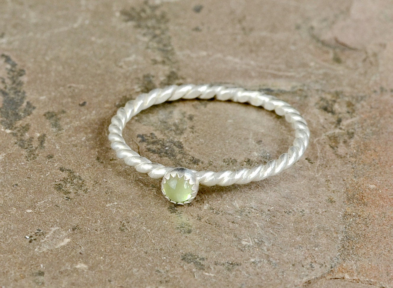 Dainty Twisted Sterling Silver Wire Ring with Green Peridot Gemstone for Stacking