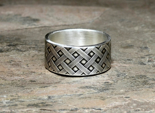 Sterling silver weave ring with dark patina for shadowing and highlighting the design