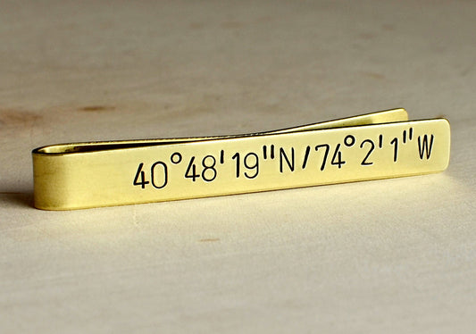 Latitude Longitude Tie Clip with Personalized Coordinates in Brass