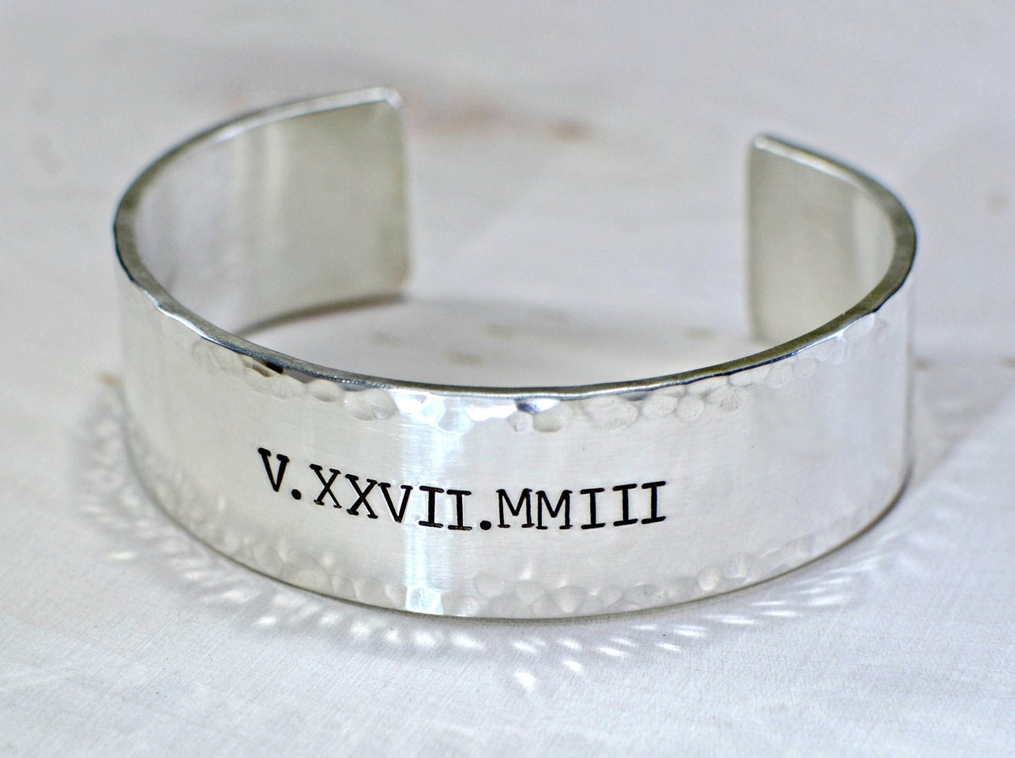 Chunky Style Roman Numeral Sterling Silver Bracelet with Hammered Edges
