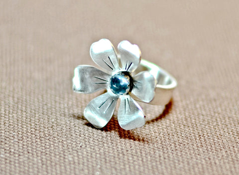 Radiant blooming sterling silver flower ring with blue topaz, NiciArt 