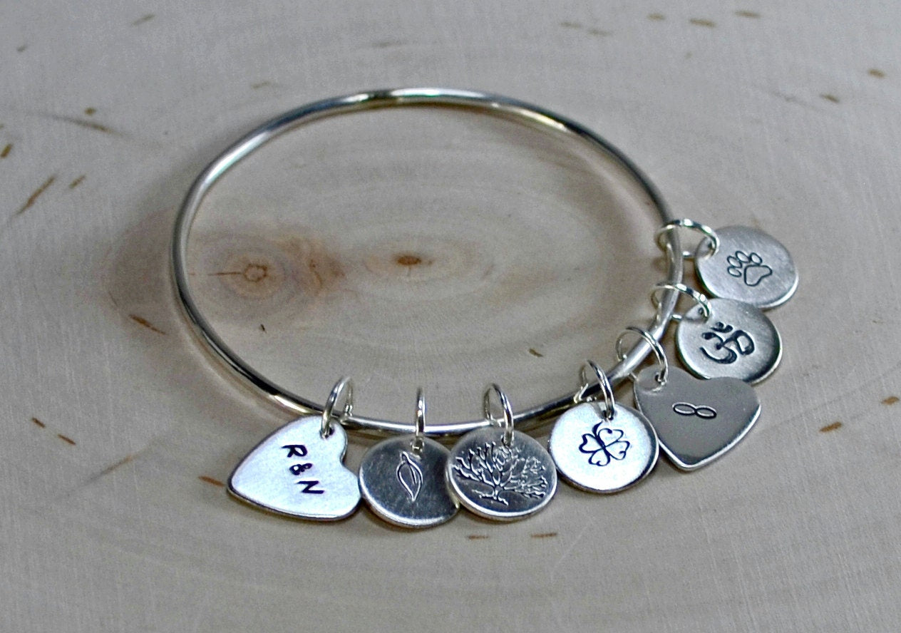 Sterling Silver Bangle in Triangular Shape with Custom Stamped Charms