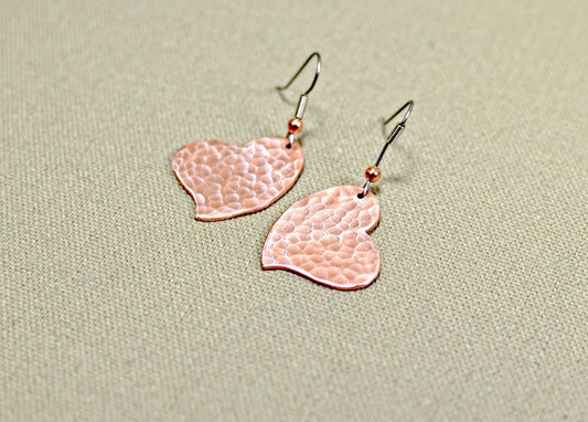 Hammered copper hearts handcrafted as unique dangle earrings