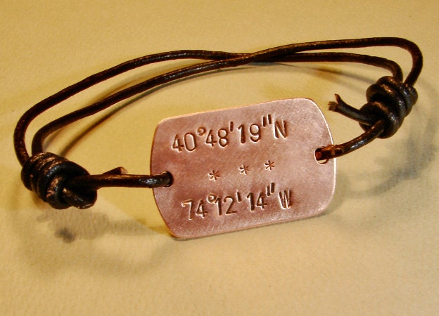 Personalized Latitude longitude coordinates on copper wrap bracelet with leather cord