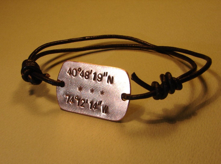 Personalized Latitude longitude coordinates on copper wrap bracelet with leather cord