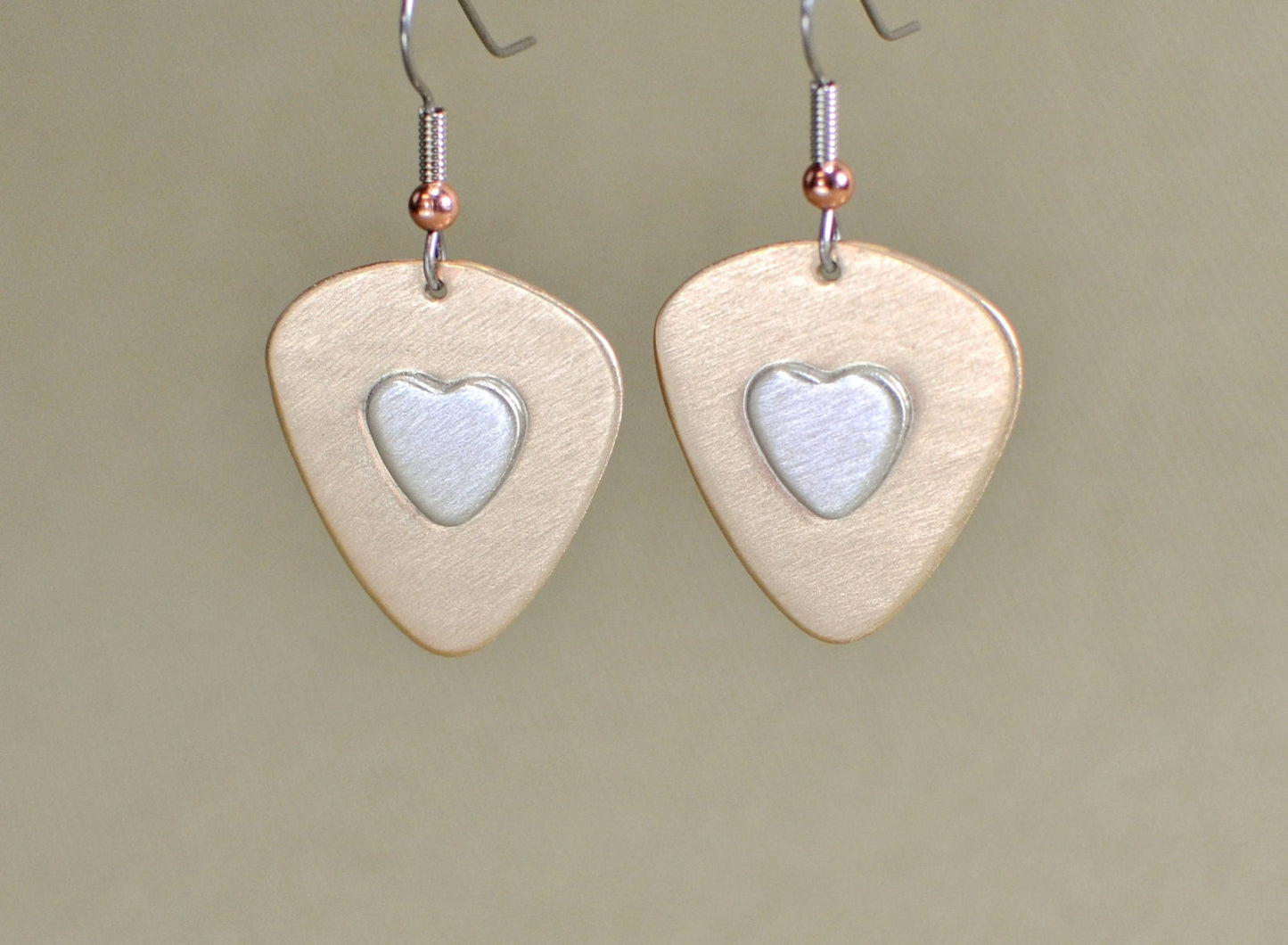 Guitar pick dangle earrings with sterling silver hearts