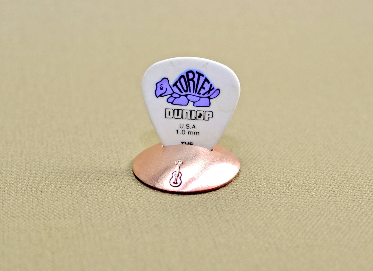 Copper Guitar Pick Holder in Disc Style Stand with a Guitar Stamp -